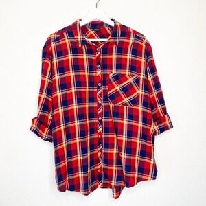 Topshop Plaid Red Flannel Button Up Top Sz 10